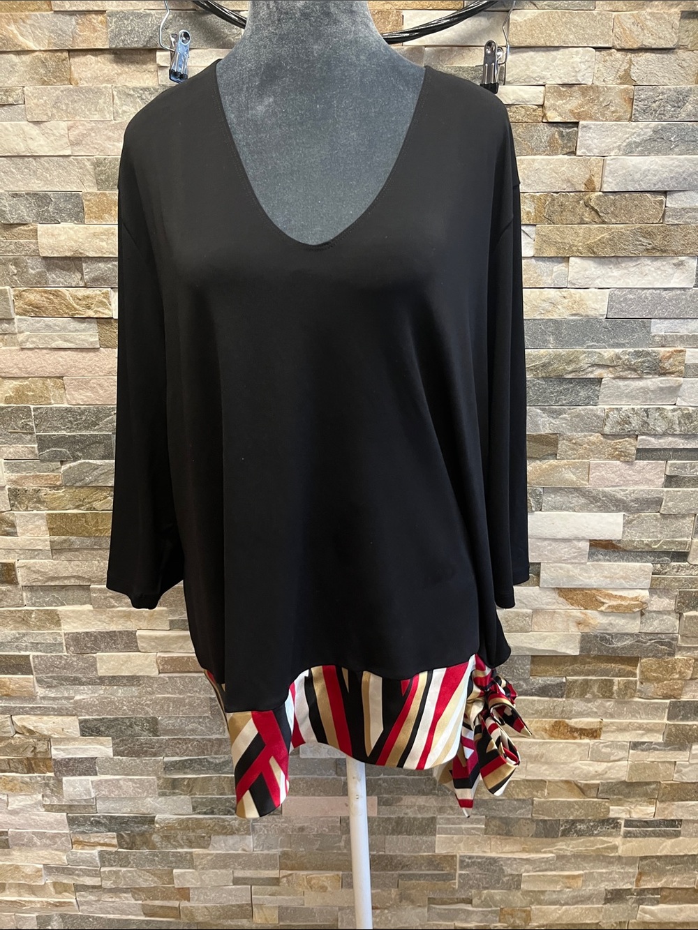 Lane Bryant Black V-Neck Top with Red, Cream & Ivory Striped Hem